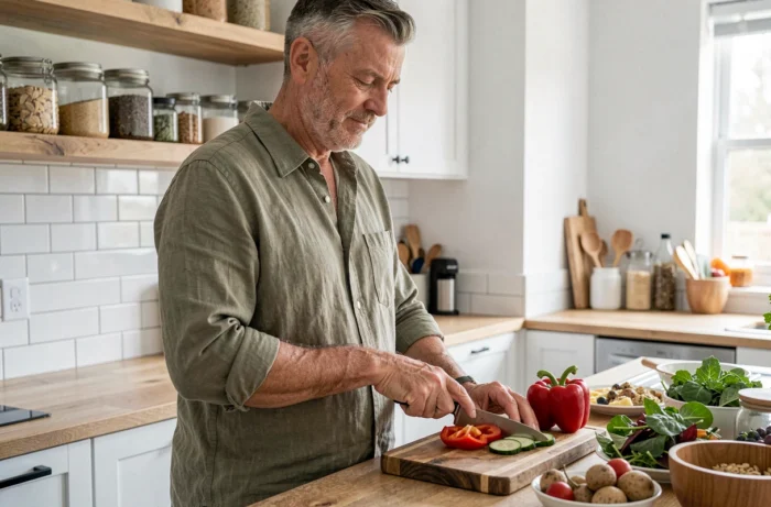 Homme préparant un repas sain avec des légumes frais dans une cuisine moderne pour adopter de bonnes habitudes alimentaires