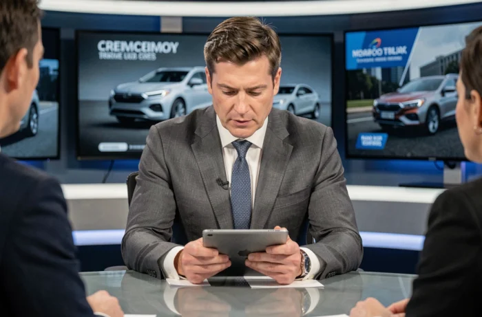 Présentateur assis au bureau du plateau de l'émission Turbo M6 avant le direct télévisé