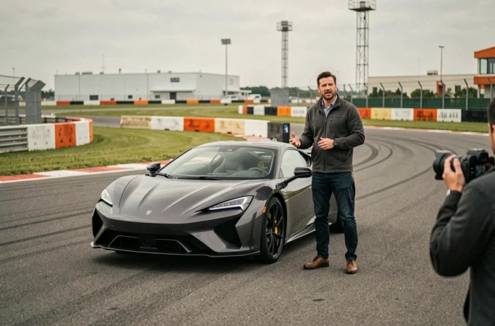 Présentateur de Turbo M6 en tournage extérieur sur circuit automobile avec équipe de production