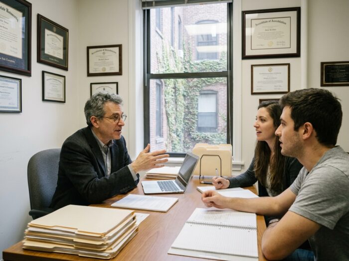 Professeur d'école d'art en entretien avec des étudiants dans un bureau administratif avec diplômes et accréditations visibles