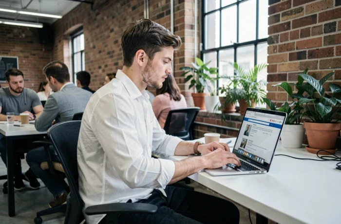 Jeune professionnel recherchant un contact via un annuaire en ligne dans un espace de coworking