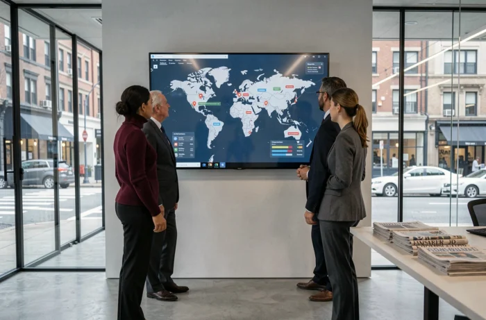 Groupe de professionnels analysant une carte mondiale interactive avec des actualités internationales en salle de conférence