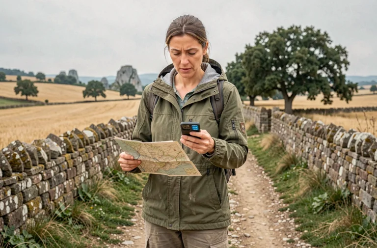 Randonneuse consultant son smartphone et une carte papier sur le GR 65, entourée de champs dorés et de murets en pierre typiques du Quercy
