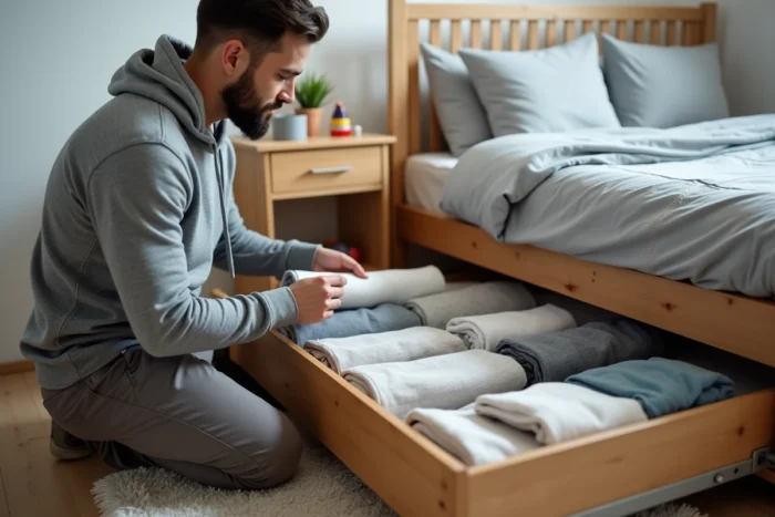 Père rangeant des vêtements d'enfants dans des sacs de rangement sous le lit dans une chambre minimaliste et organisée