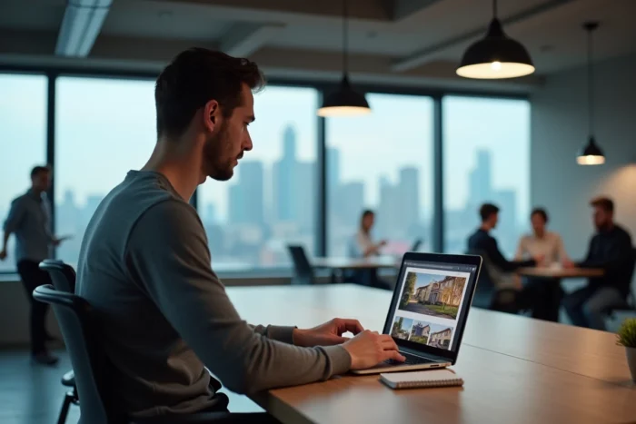 Jovem pesquisando anúncios imobiliários em um laptop em um espaço de coworking moderno