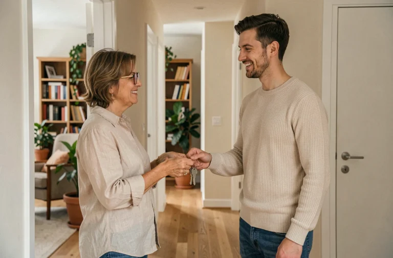 Propriétaire remettant les clés d'un logement à un hébergé à titre gratuit dans un couloir d'appartement
