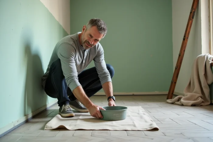 Homme appliquant du ruban de peinture sur un mur vert sauge lors d'une rénovation DIY dans une salle à manger en cours d'aménagement