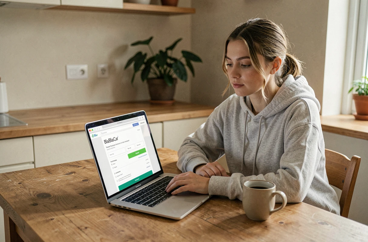 Young woman booking and paying for a BlaBlaCar trip on her laptop at home
