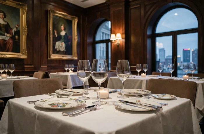 Table dressée avec élégance dans le restaurant gastronomique d'un hôtel de luxe étoilé avec décoration raffinée et verrerie en cristal