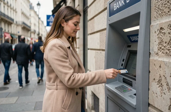 Jeune femme retirant de l'argent à un distributeur automatique de billets en ville
