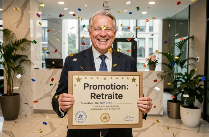 Homme de 60 ans tenant fièrement un certificat humoristique annonçant sa promotion à la retraite