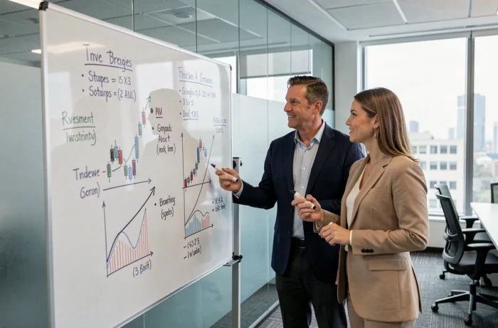Deux professionnels de la finance discutant de stratégies d'investissement boursier devant un tableau blanc dans un bureau moderne