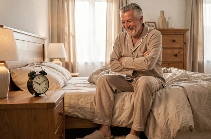 Homme de 60 ans en pyjama souriant devant un réveil débranché symbolisant la liberté de la retraite