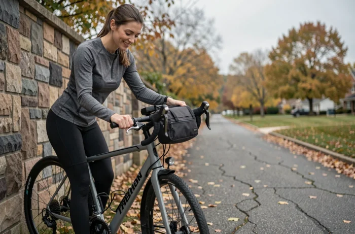 Cycliste inspectant un sac de guidon compact fixé sur un vélo Triban RC 120 sur une piste cyclable en automne