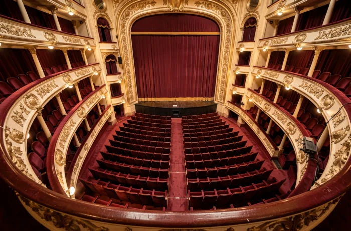 Vue en plongée de la salle du Théâtre du Palais-Royal avec rangées de fauteuils en velours rouge et balcons dorés