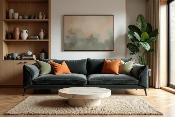 Salon moderne et élégant avec canapé en velours, table en travertin et étagères en chêne décorées de céramiques et plantes