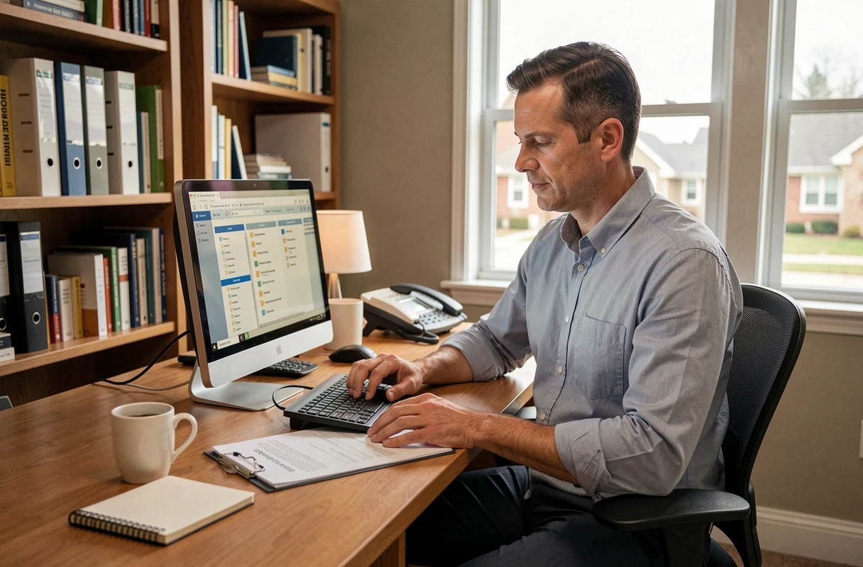 Man working from his home office to save his HR documents on My People Docs before leaving his company