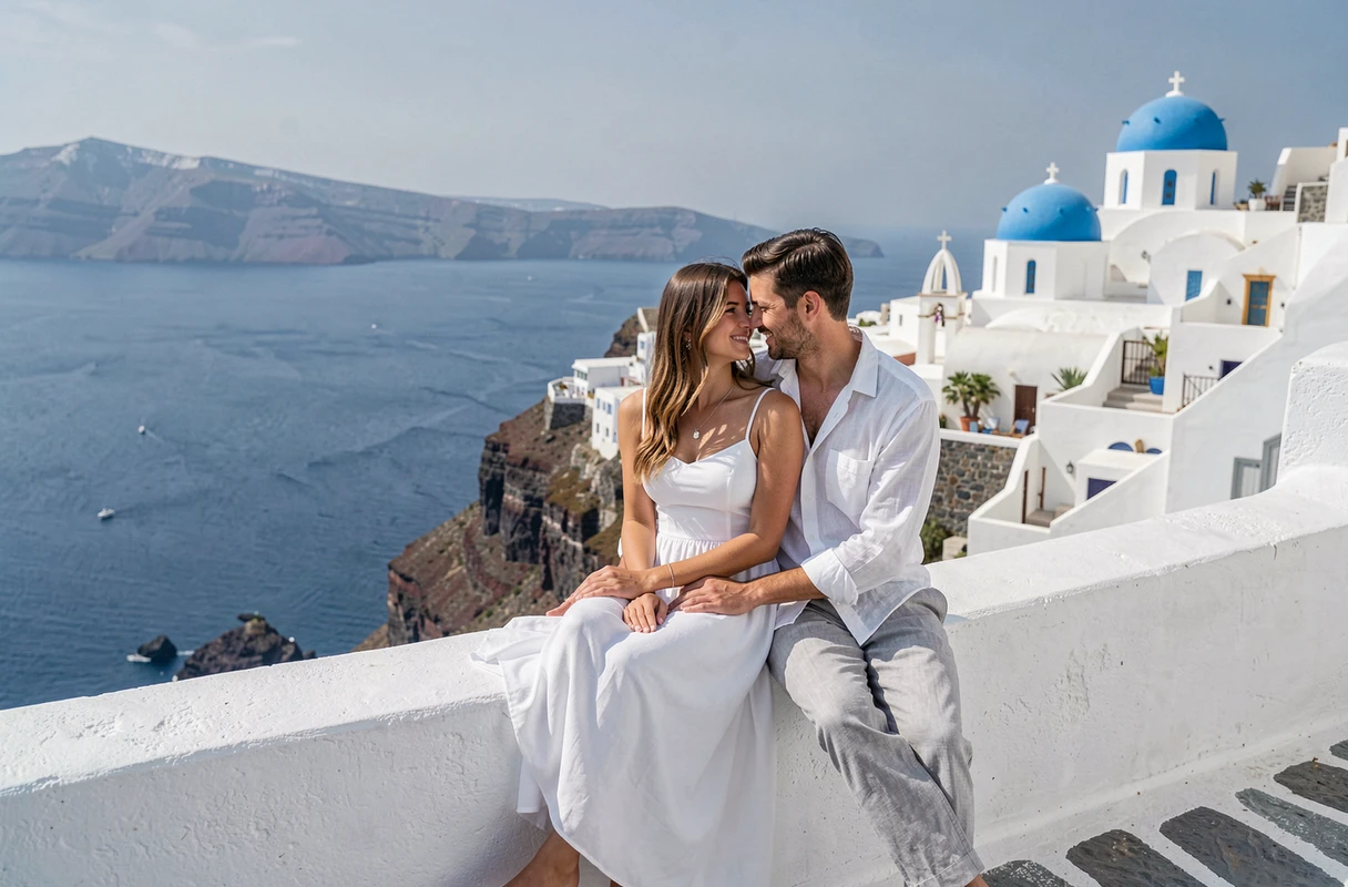 Couple sitting on a white terrace in Santorini with a view of the caldera and blue domes