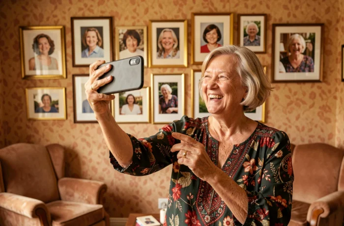 Femme de 60 ans prenant un selfie entourée de photos encadrées de ses différentes décennies de vie