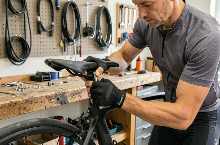 Cycliste installant une selle ergonomique gel sur un vélo Triban RC 120 dans un atelier de vélo authentique