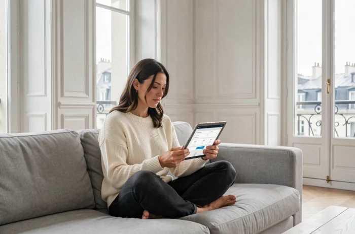 Femme simulant un prêt immobilier Casden sur tablette dans un appartement parisien