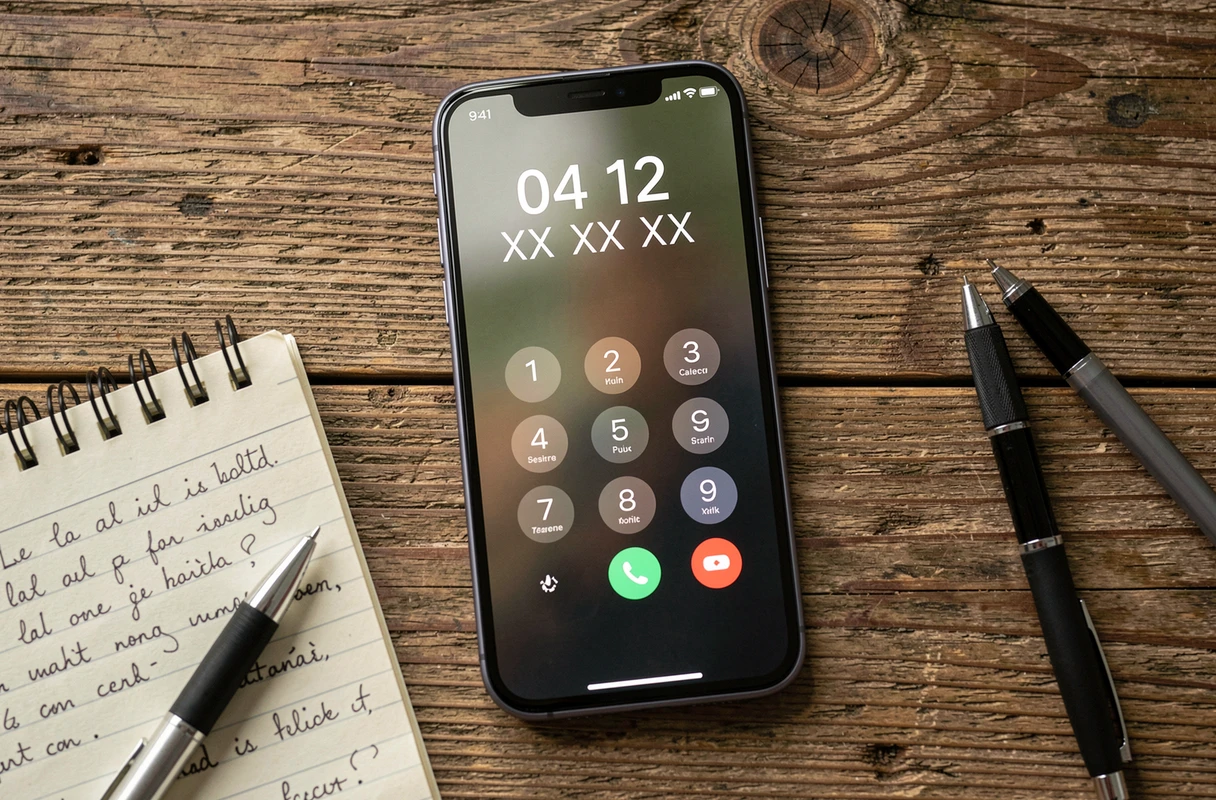 Smartphone che visualizza un numero con indicativo 04 12 posato su un tavolo di legno