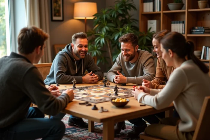 Groupe d'amis réunis à domicile pour une soirée jeux de société thématique avec accessoires et ambiance cosy