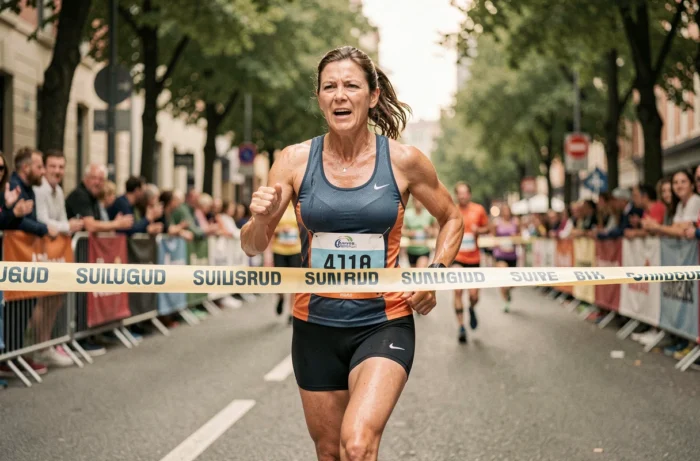 Athlète féminine franchissant la ligne d'arrivée lors d'une course sur route, émotion sportive authentique