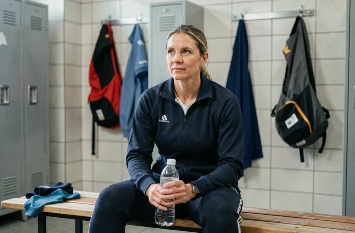 Athlète féminine en survêtement dans un vestiaire sportif, moment de récupération entre les entraînements