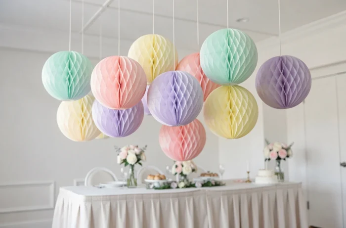 Suspensions rondes en papier alvéolé aux couleurs pastel menthe, rose et lavande pour décoration de baptême