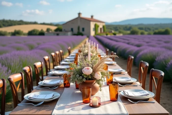 Table de réception de mariage décorée avec des fleurs en Provence dans un champ de lavande
