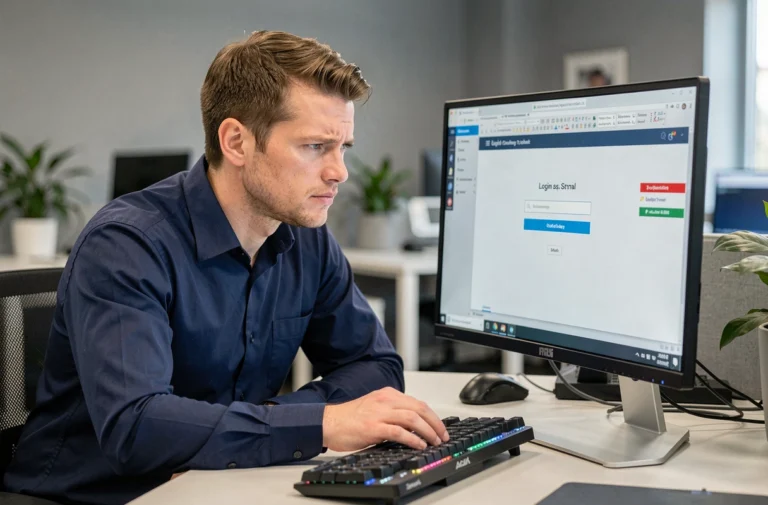 Technicien informatique en bureau accédant à une interface logicielle en ligne sur un grand écran de bureau