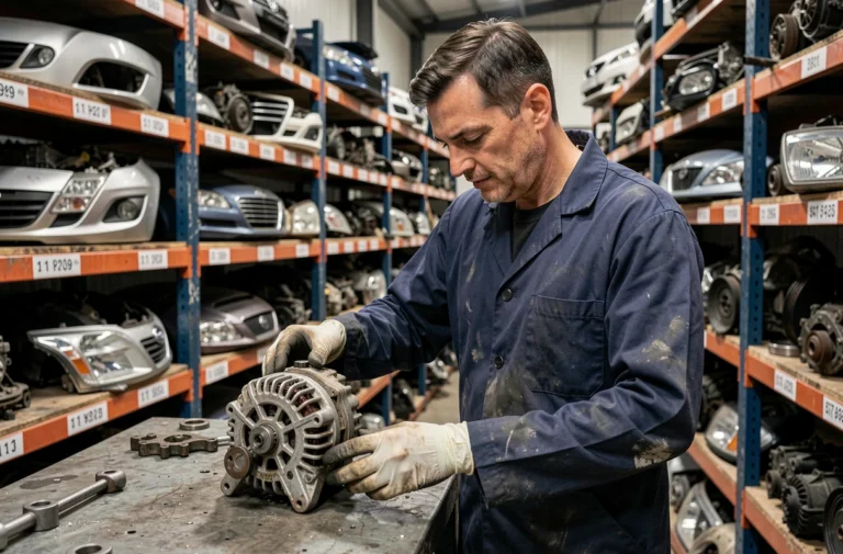 Technicien en mécanique inspectant une pièce automobile d'occasion dans une casse auto à Plan de Campagne