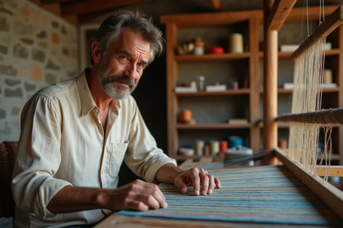 Handwerker, der an einem traditionellen Holzwebstuhl in einer handwerklichen Weberei arbeitet