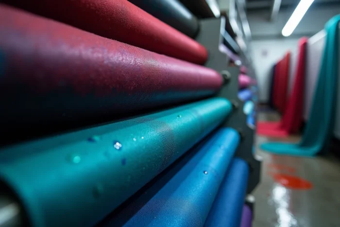 Detail von in lebhaften Farben gefärbten Stoffen, die in einer industriellen Textilfärberei gestapelt sind