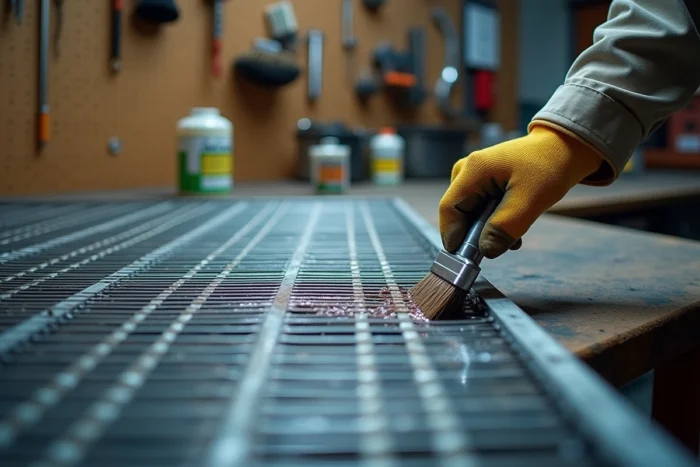 Gros plan sur l'application d'un revêtement anticorrosion sur une grille de protection en acier dans un atelier de maintenance