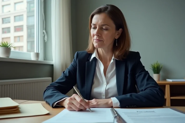 Travailleuse sociale examinant des documents confidentiels dans son bureau, illustrant le cadre légal du signalement des personnes vulnérables