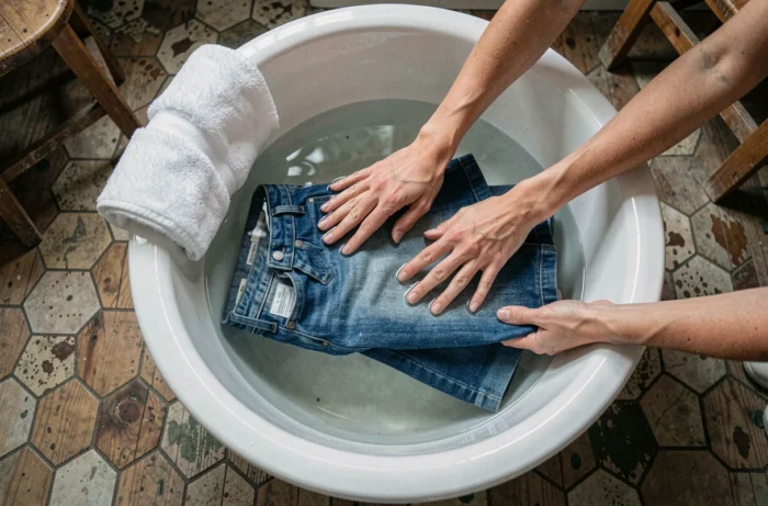 Trempage d'un jean dans un bain d'eau chaude pour le faire rétrécir à la maison