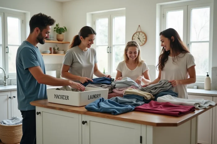 Famille de quatre personnes triant ensemble le linge propre sur un îlot de cuisine avec des bacs étiquetés par membre