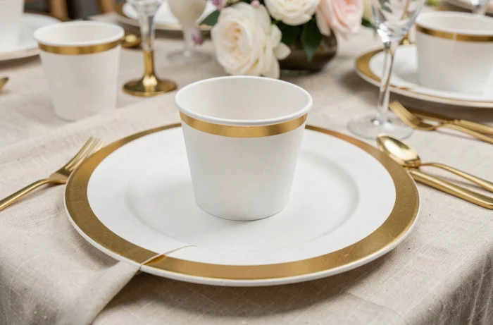 Vaisselle jetable premium en carton épais avec finitions dorées pour une table de baptême élégante