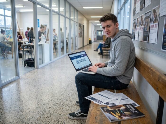 Jeune étudiant vérifiant l'accréditation officielle d'une école d'art sur un ordinateur portable dans un couloir universitaire