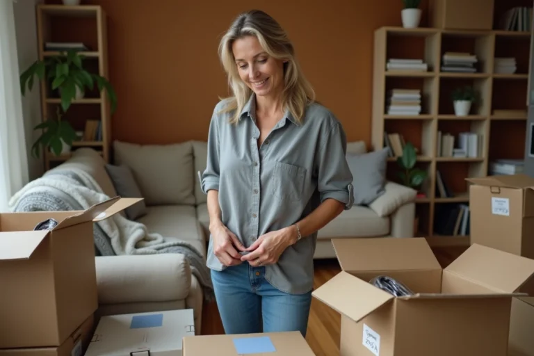 Femme en train de trier des affaires dans des cartons pour vider sa maison gratuitement
