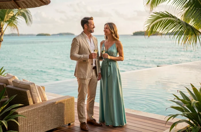 Couple élégant sur la terrasse privée d'une villa sur l'eau dans un complexe hôtelier ultra-luxueux avec piscine à débordement