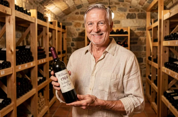 Homme de 60 ans tenant une bouteille de vin avec une étiquette humoristique dans une cave à vins