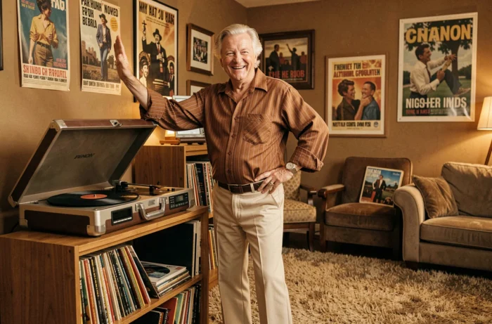 Homme de 60 ans en tenue vintage rétro assumée des années 70 posant fièrement avec un tourne-disque