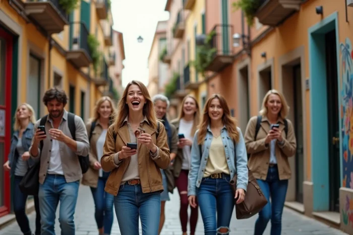 Groupe d'adultes lors d'une visite guidée décalée d'un quartier méconnu avec une guide animée dans une rue pavée