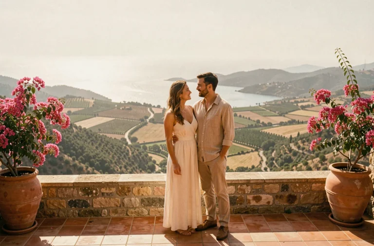 Couple en voyage de noces sur une terrasse méditerranéenne avec vue panoramique sur mer et collines