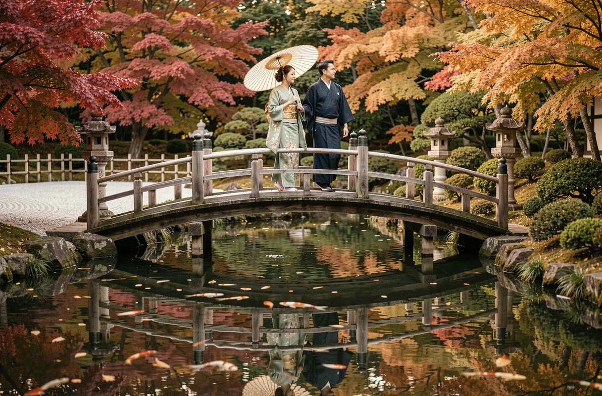 Couple in kimono crossing a traditional Japanese garden bridge in Kyoto in autumn