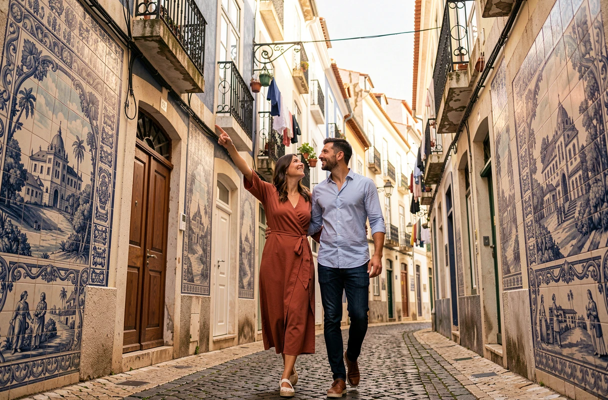 Couple walking in a narrow street of Lisbon in front of facades covered with azulejos