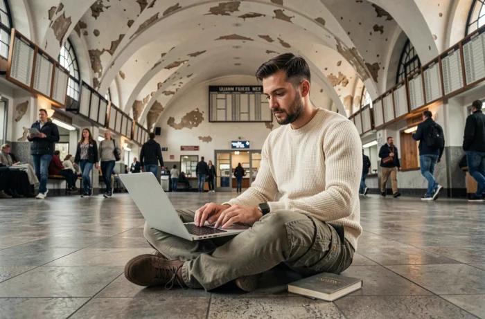 Voyageur nomade travaillant sur son ordinateur portable dans une grande gare historique en Europe